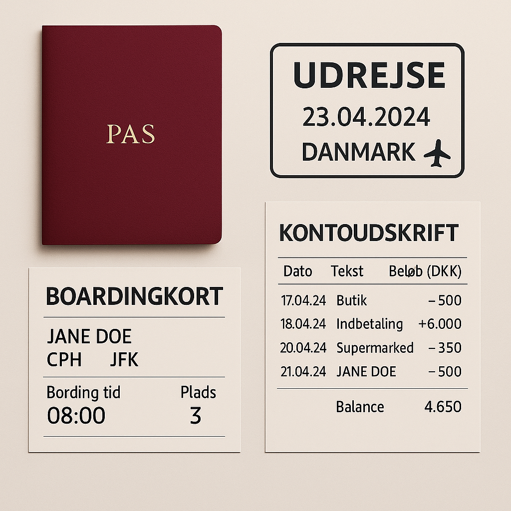 Billede af eksempler på gyldig dokumentation f.eks. pas, boardingkort og kontoudskrift